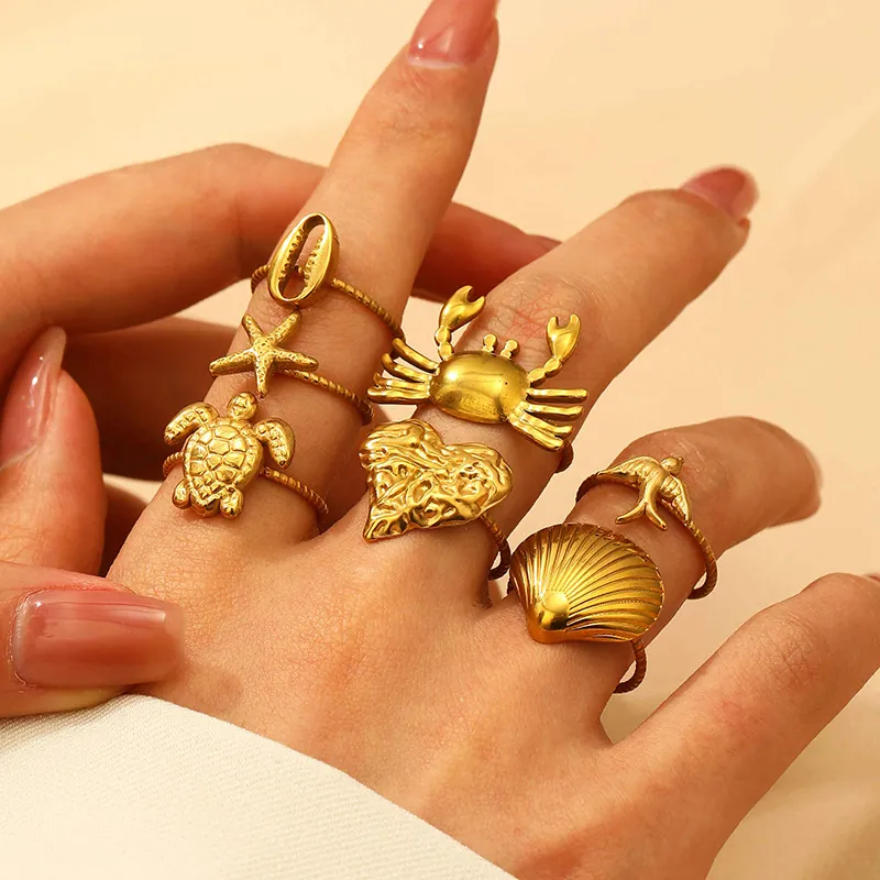 Anelli Aperti In Acciaio Inossidabile Tema Oceano Per Donna Placcati In Oro 18K Stella Marina Tartaruga Granchio Cuore Gioielli Regolabili