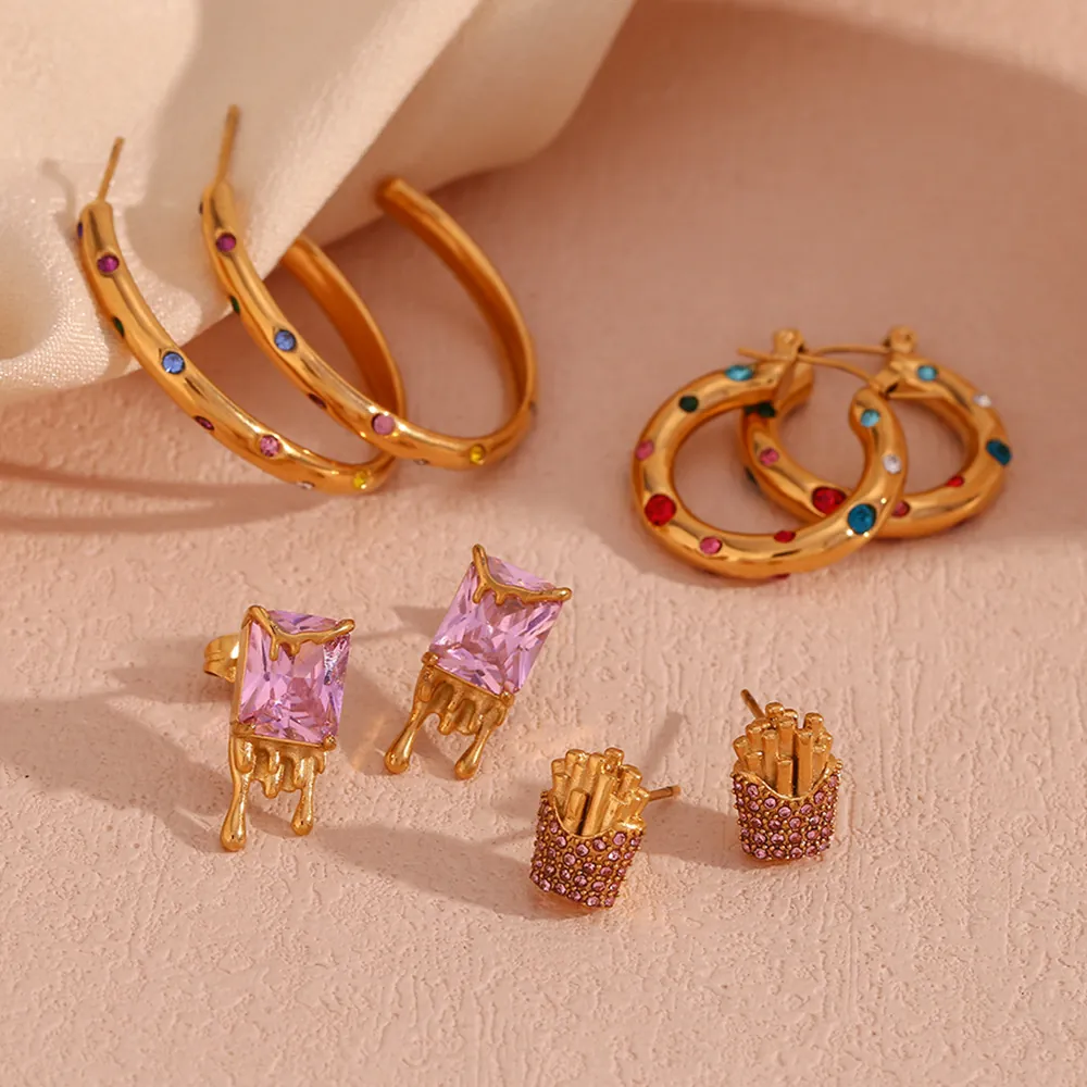 Stainless Steel Gold Plated Multi Color Rhinestone Hoop Earrings For Women Fashion Geometric Molten Stud Jewelry Gift