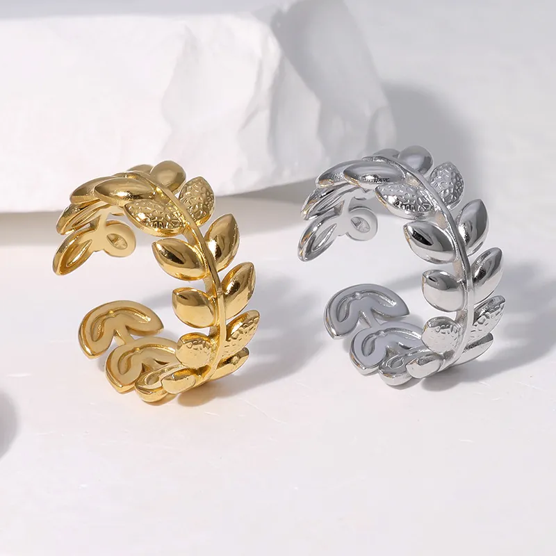 Leaf Olive Branch Open Ring Stainless Steel Adjustable 18K Gold Plated Minimalist Delicate Jewelry For Women Elegant