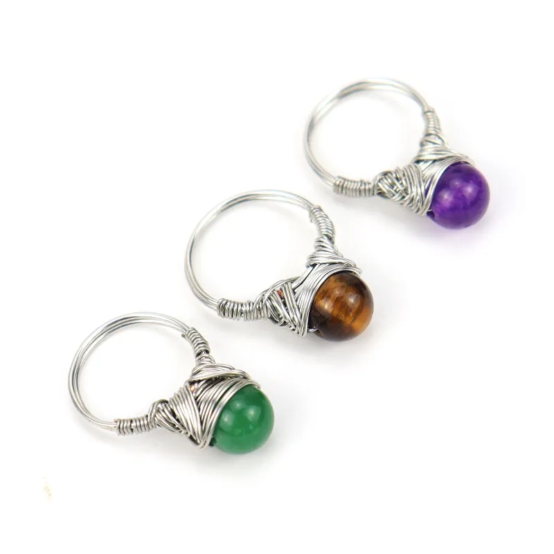 Handmade Wire Wrapped Ring Natural Gemstone Agate Round Bead Bohemian Style Silver Color Fashion Jewelry For Women