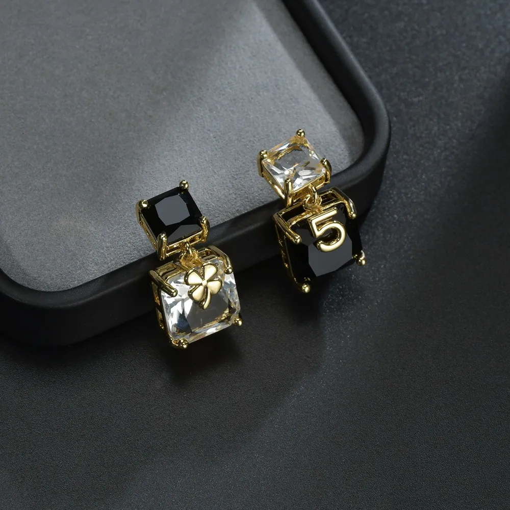 Light Luxury Asymmetric Copper Rhinestone Stud Earrings With 925 Sterling Silver Post Number 5 Four Leaf Clover Design Fashion Jewelry For Women