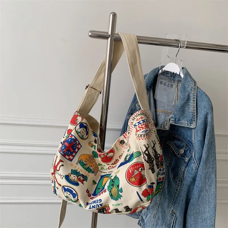 Vintage Canvas Crossbody Bag Large Capacity Retro Print Tote Messenger For Women Streetwear Leisure Style