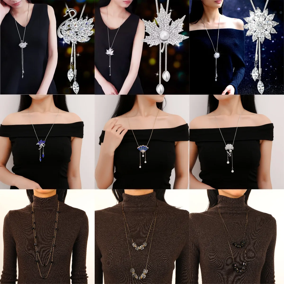 Elegante Collar Largo de Aleación de Cristal Artificial para Mujer Colgante de Cubo Geométrico Perla Artificial Rosa Flor Cisne Cadena de Suéter