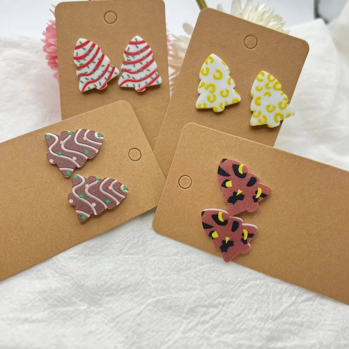Boucles D Oreilles Sapin De Noël Acrylique Coloré À Carreaux Léopard Bijoux De Fête Pour Femmes Nouveauté