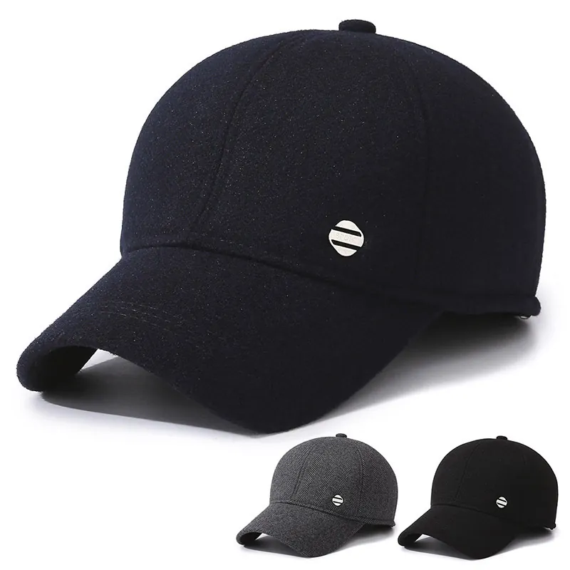 Men Winter Baseball Cap Woolen Warm Fleece Lined With Ear Flaps Windproof Outdoor Sports Adjustable Solid Color Peaked Cap