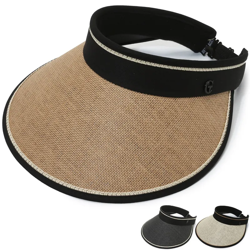 Women Straw Woven Sun Visor Hat Large Brim UV Protection Empty Top Summer Beach Outdoor Foldable Adjustable