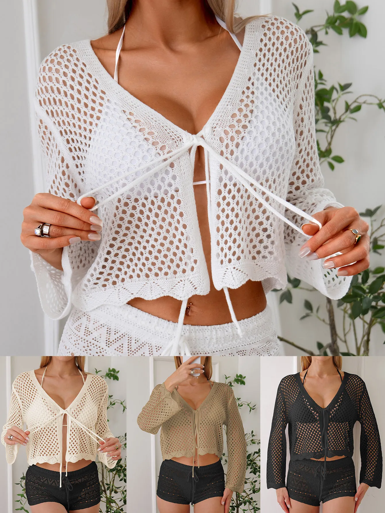 Women Casual Cotton Blend Cardigan Crochet Hollow Out Tie-Front Bell Sleeve Beach Cover Up V-Neck Short Top