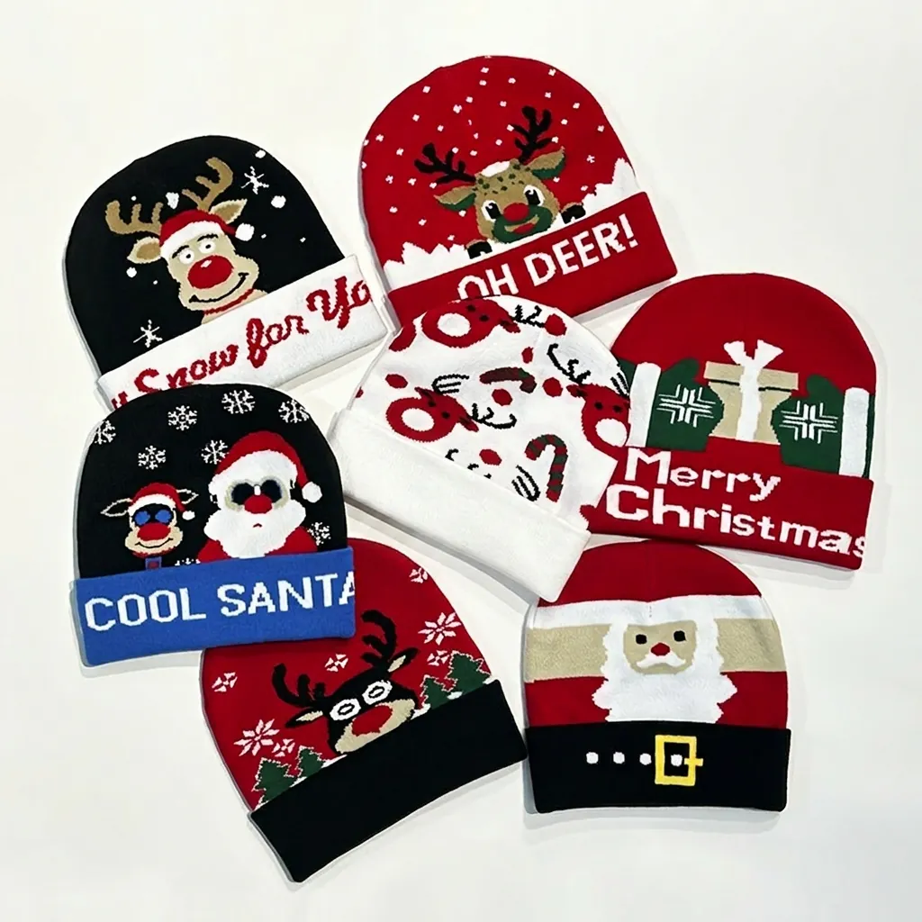 Christmas Knit Beanie Hat For Women Men Winter Warm Acrylic Wool Beanie With Snowflake Elk Santa Pattern Festive Holiday Gift