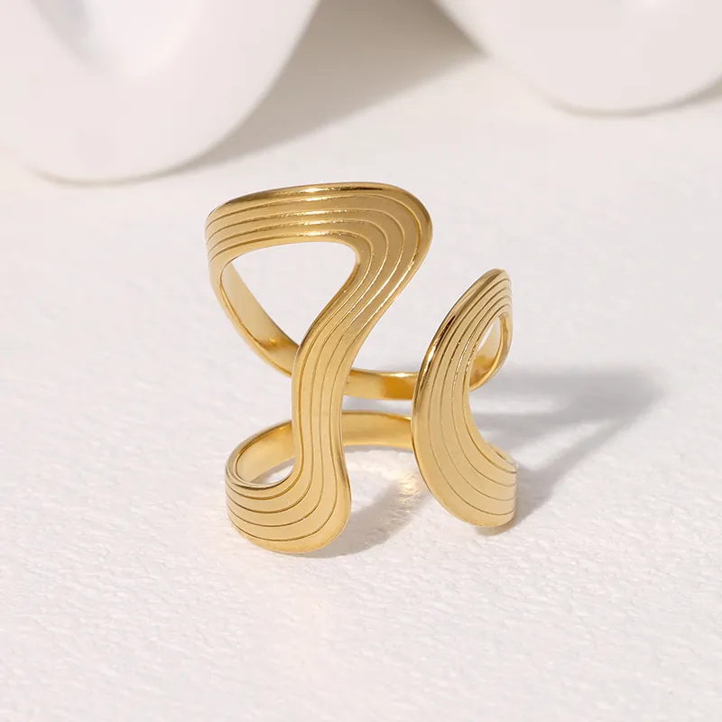 Retro Wave Textured Open Ring Stainless Steel 18K Gold Plated Irregular Geometric Adjustable Finger Jewelry For Women