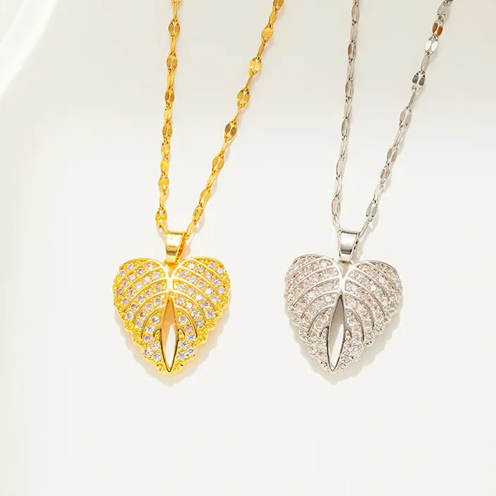 Fashion Rhinestone Heart Angel Wings Pendant Necklace For Women Titanium Steel Copper Elegant Jewelry Mother's Day Gift