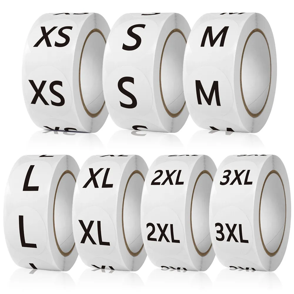 Round Clothing Size Stickers Self Adhesive Roll Labels For Apparel Clothes Garment Tags White Background Black Text