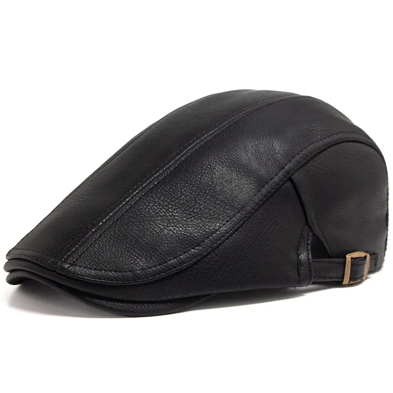 Men PU Leather Flat Cap Retro British Style Ivy Beret Hat Vintage Adjustable Metal Buckle Casual Warm Autumn Winter