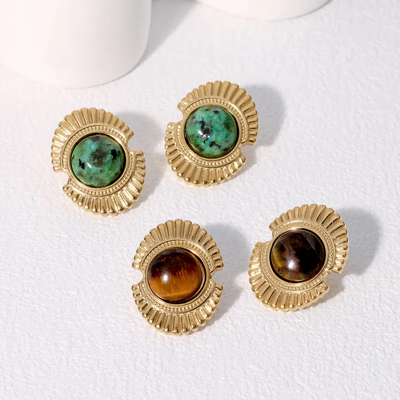 Vintage Ohrstecker Edelstahl 18K Vergoldet Naturstein Tigerauge Afrikanische Kiefer Geometrisch Rund Schmuck Für Damen