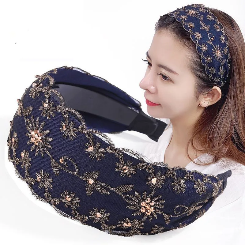 Diadema Ancha Bordado Floral Diamantes De Imitación Cuentas Retro Elegante Diadema Para Mujeres Niñas Antideslizante