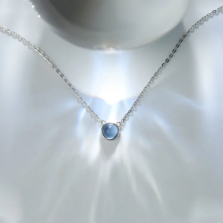 S925 Argento Sterling Cuore Dell'Oceano Collana per Donna Semplice Blu Tondo Vetro Artificiale Ciondolo Collana Moda Gioielli Regalo