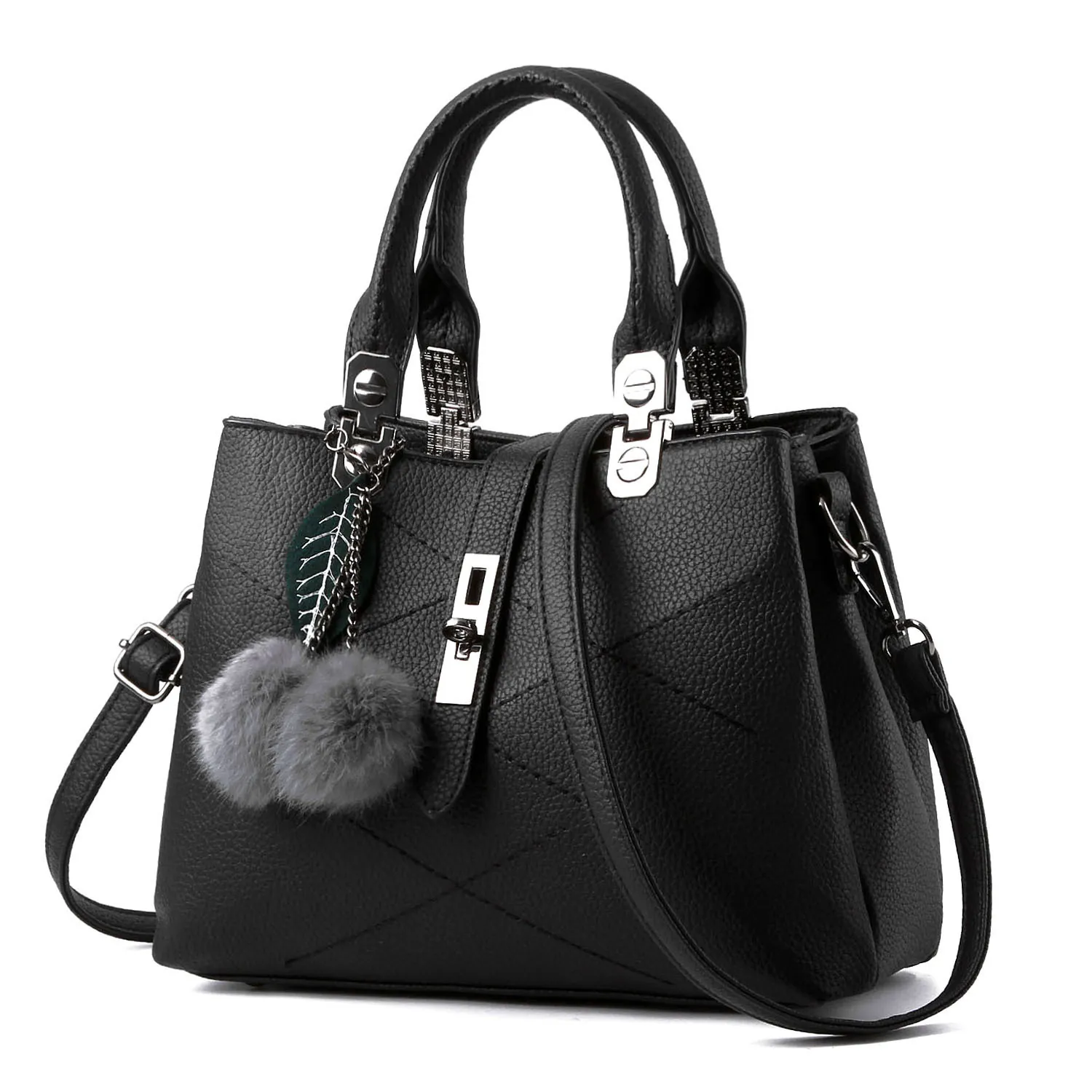 Women Shoulder Bag PU Leather Lychee Grain Handbag Fashion Quilted Crossbody With Pompom Leaf Charms Elegant