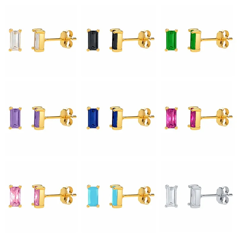 Rectangular Zircon Stud Earrings Simple Baguette Cut Geometric Copper Micro Pave Jewelry With 925 Sterling Silver Earring Post For Women