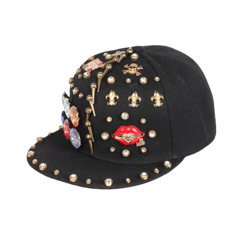 Punk Hip Hop Studded Baseball Cap Cotton Snapback Hat Colorful Rhinestone Gem Skull Cross Rock Streetwear Adjustable