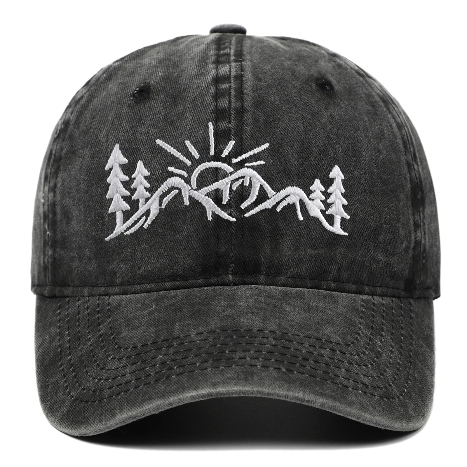 Washed Cotton Baseball Cap Vintage Distressed Mountain Sun Tree Embroidery Adjustable Peak Hat For Men Women