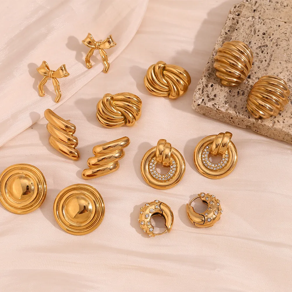 Boucles D'oreilles Nœud Papillon Ovales En Acier Inoxydable Plaquées Or 18K Géométriques Strass Accessoire Pour Femmes