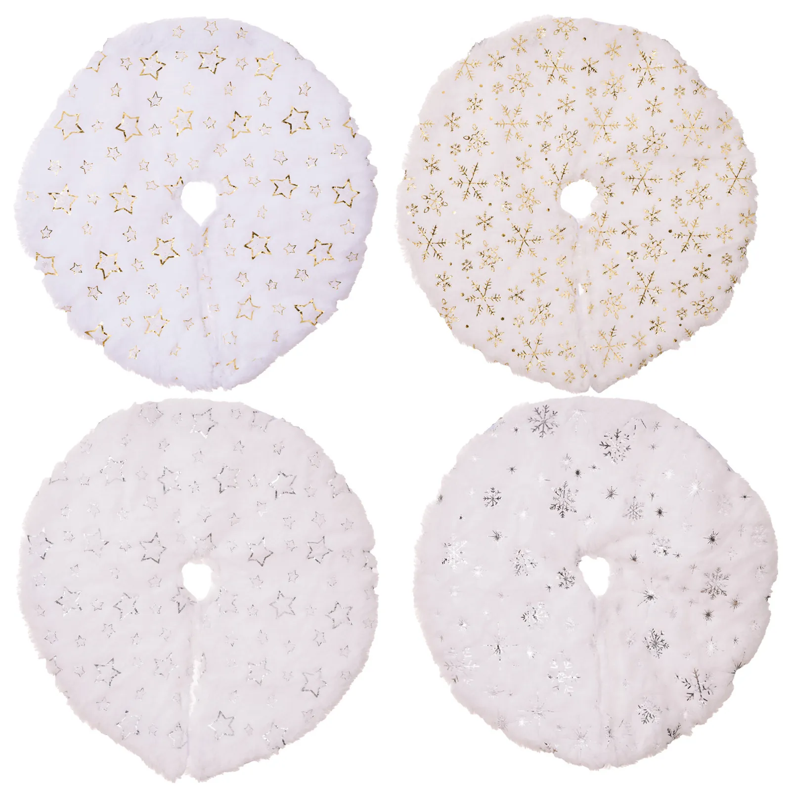 Plush Christmas Tree Skirt Mini Double Layer Faux Fur Small Holiday Decoration With Snowflake Star Pattern White