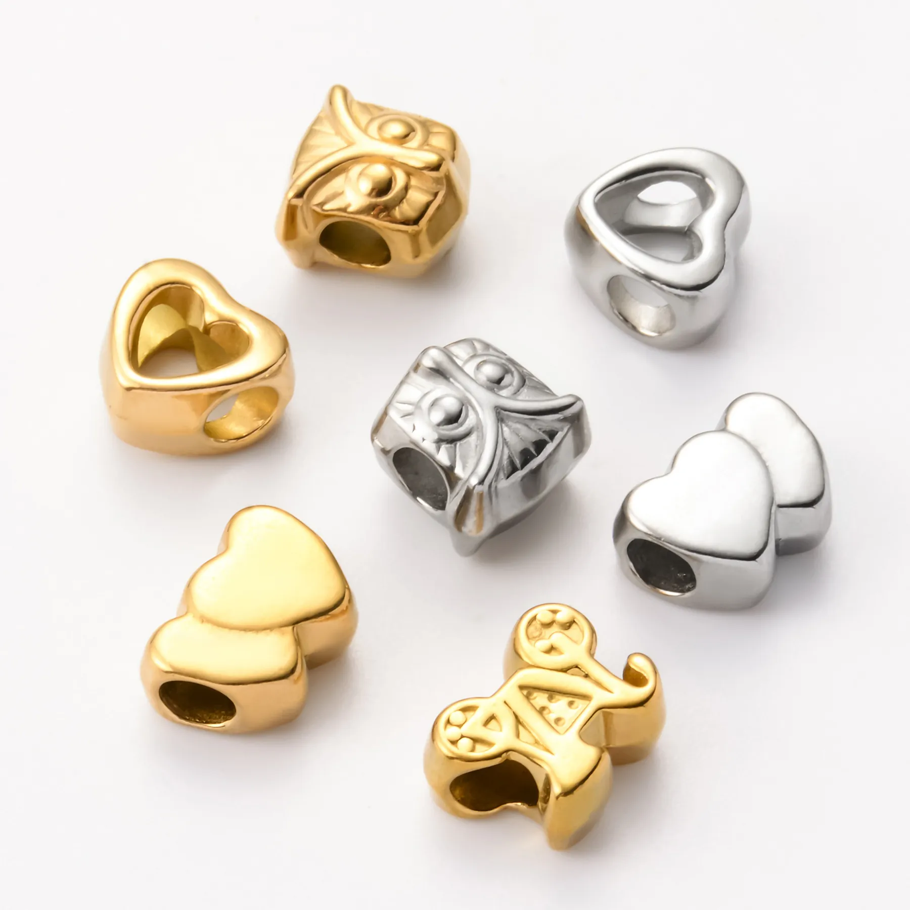 Stainless Steel Large Hole Beads Owl Heart Stroller Charms For DIY Jewelry Making Bracelet Necklaces Components