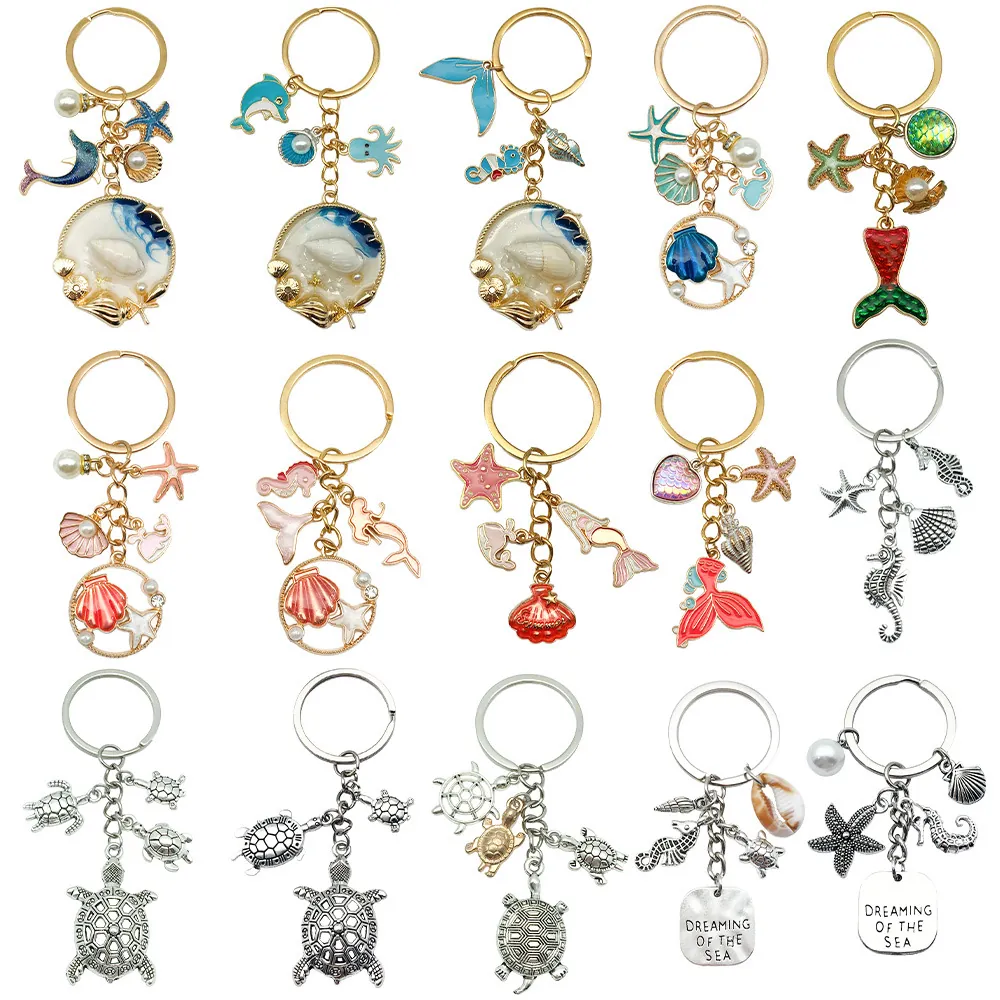 Ocean Series Marine Life Keychain Starfish Mermaid Shell Seahorse Dolphin Alloy Enamel Charm Bag Pendant Jewelry Gift For Women
