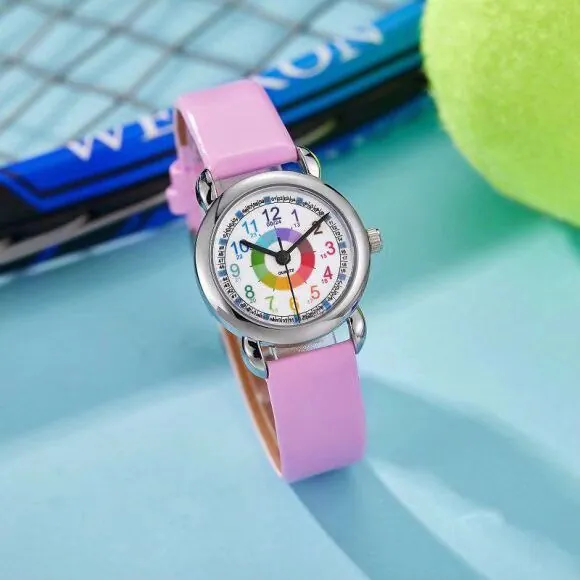 Kids Quartz Wristwatch Round Colorful Dial PU Leather Strap Alloy Case Silent Casual Timepiece For Students