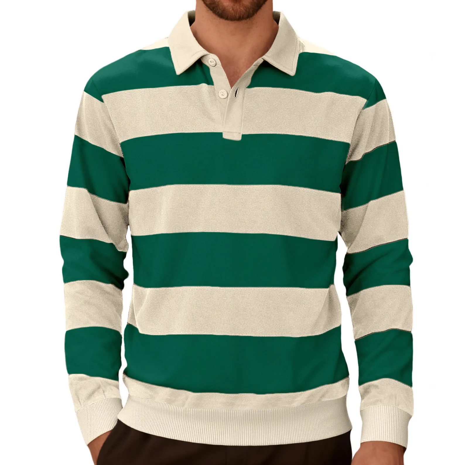 Men Long Sleeve Polo Shirt Horizontal Striped Contrast Color Knitted Casual Athletic Lapel Top For Men
