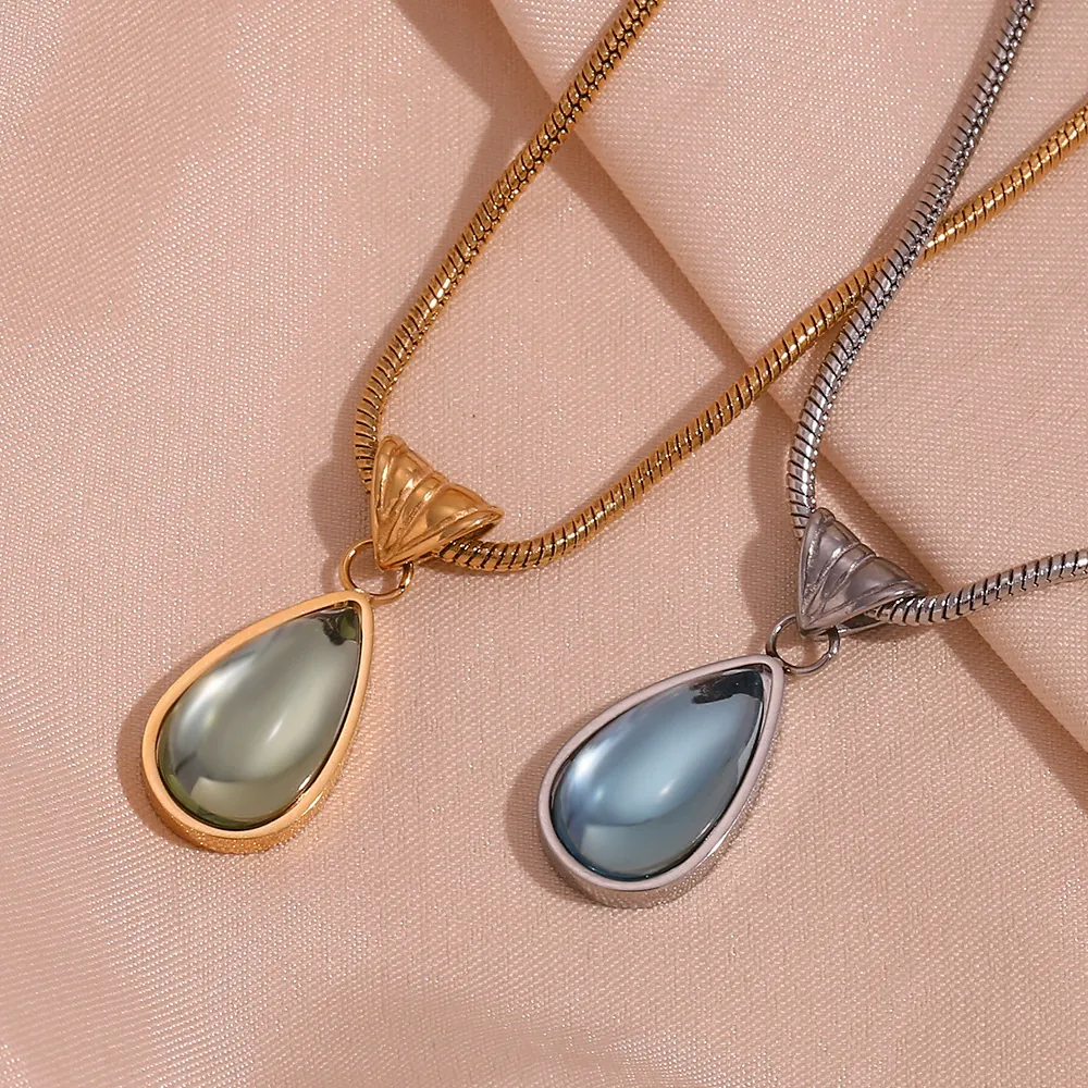 Fashion Retro French Teardrop Pendant Necklace Stainless Steel Gold Silver Plated Rhinestone Snake Chain Jewelry For Women