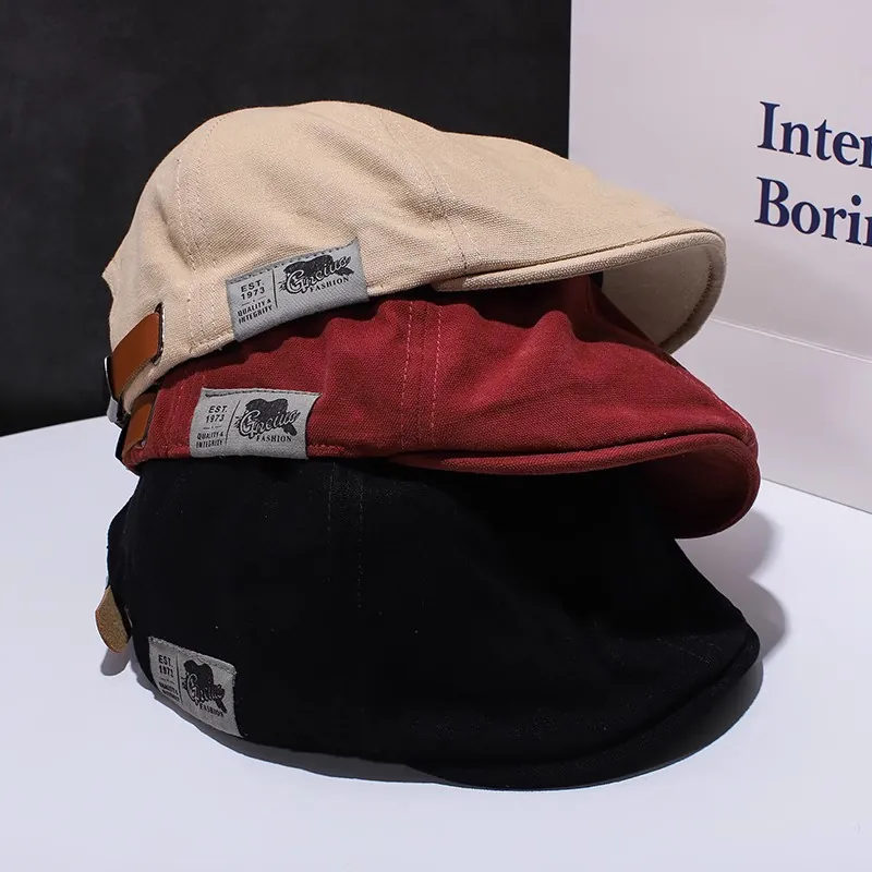 Vintage Unisex Baumwolle Schiebermütze Retro Flache Kappe Verstellbare Baskenmütze Mit Buchstaben-Patch Streetwear Entenschnabel Hut