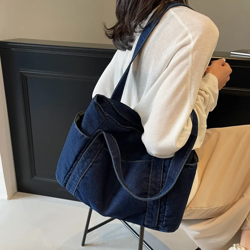 Large Capacity Denim Tote Bag Vintage Washed Multi Pocket Single Shoulder Handbag Casual Streetwear Women