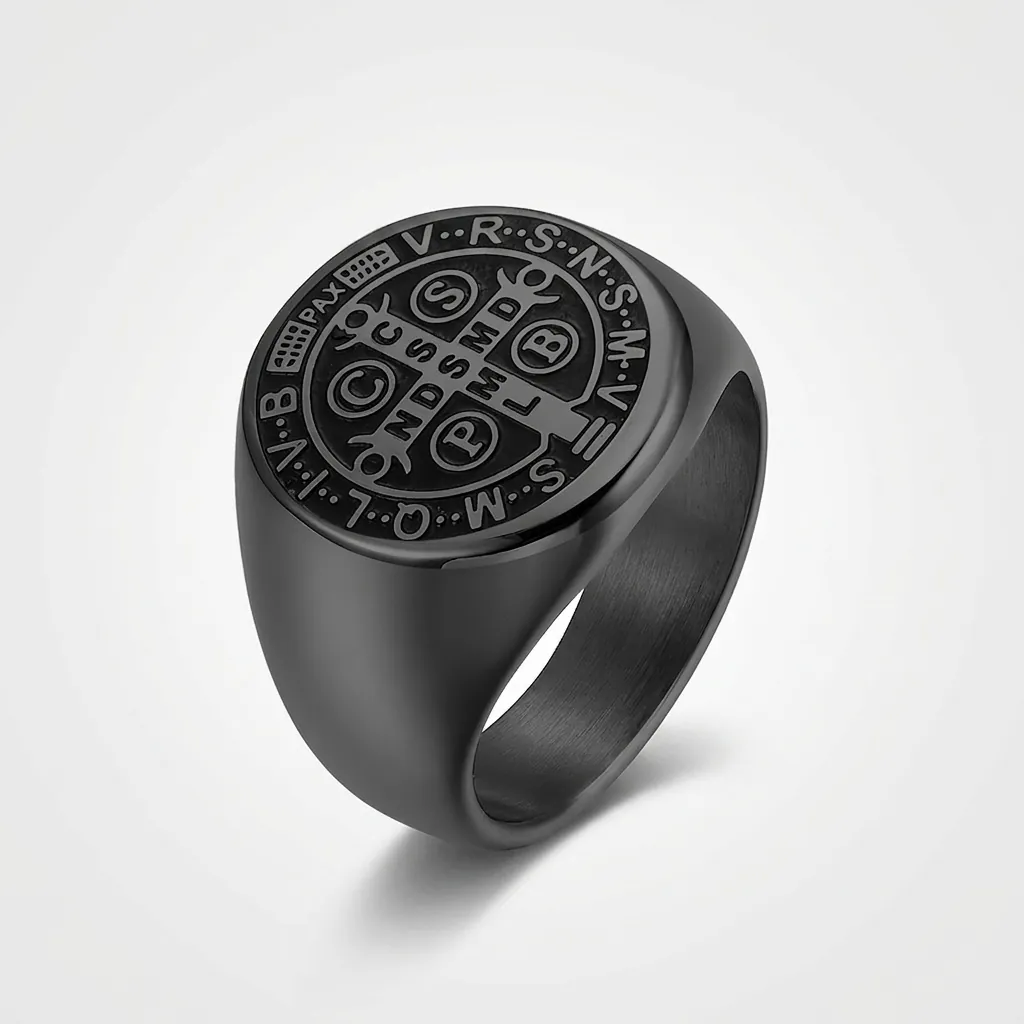 Saint Benedict Medal Signet Ring Stainless Steel Religious Exorcist Cross Retro Polished Jewelry For Men