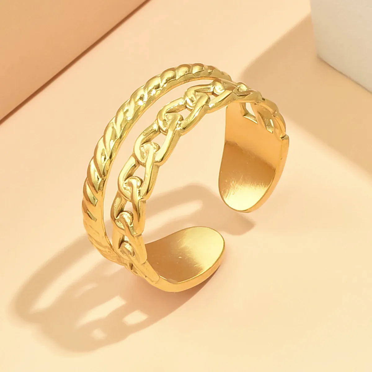 Stainless Steel Layered Ring For Women Twisted Rope And Cuban Chain Link Design Adjustable Open Fashion Jewelry
