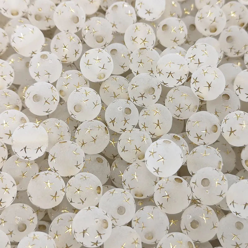 Acrylic Round Beads With Gold Star Pattern Frosted Transparent Loose Spacer Beads For DIY Jewelry Making Necklaces Bracelets