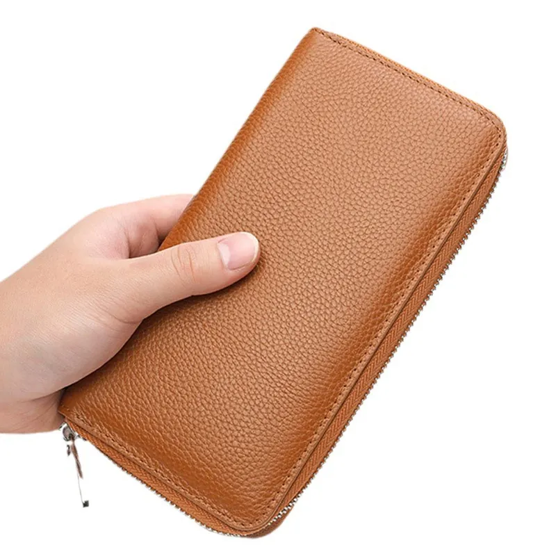 Women Genuine Leather Long Zipper Wallet Litchi Pattern Large Capacity Clutch Bag Multi Card Holder Solid Color
