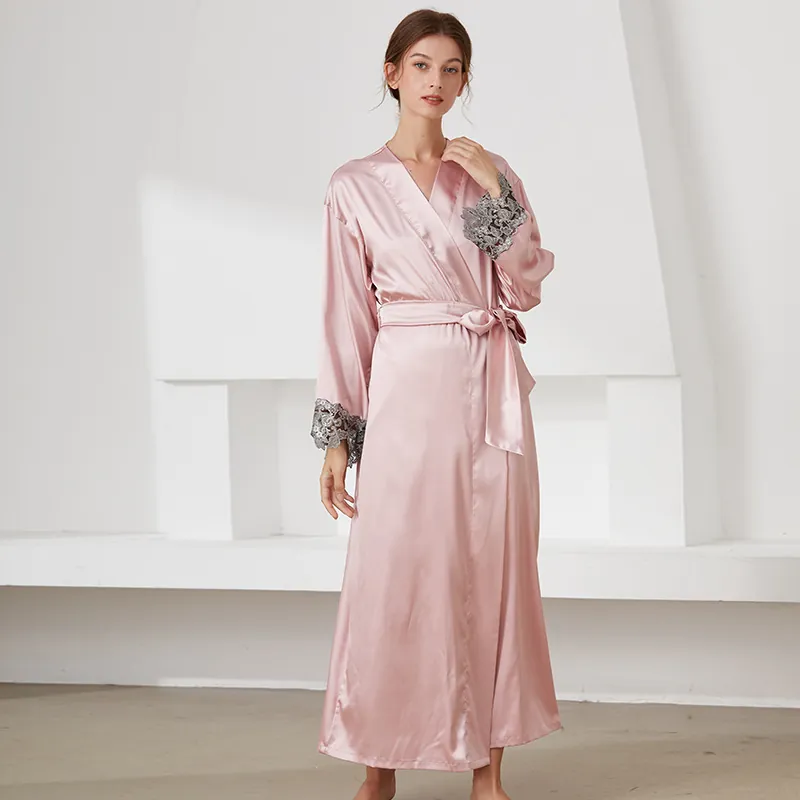 Women Long Robe Faux Satin Satin Sleepwear Lace Cuffs Belted Kimono Loungewear