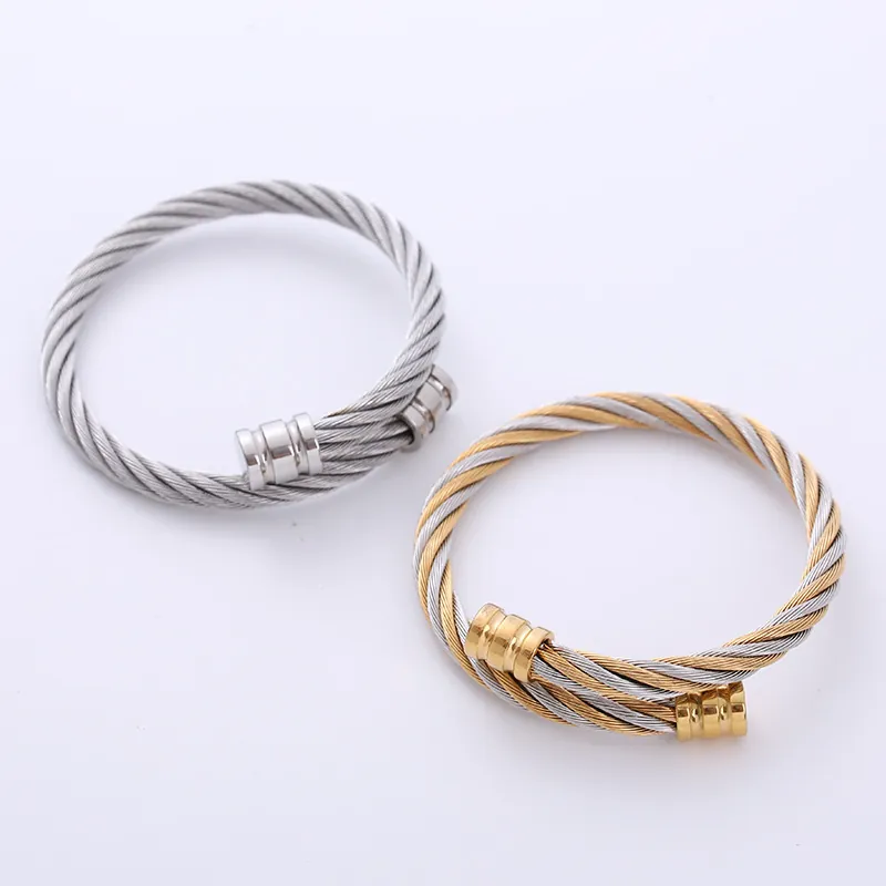 Stainless Steel Cable Wire Rope Cuff Bracelet Twisted Minimalist Adjustable Open Bangle Industrial Style Jewelry