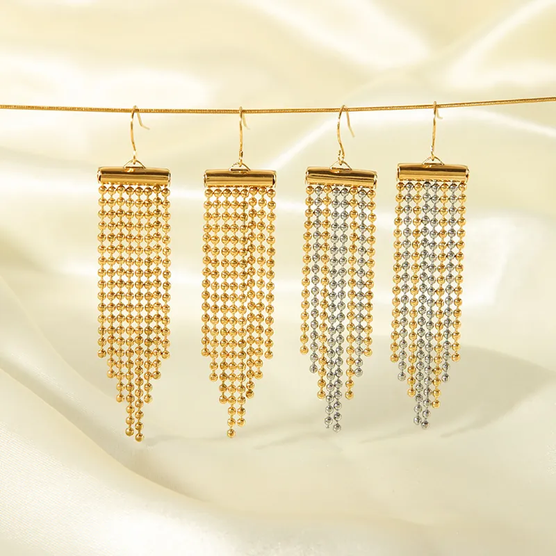 Boucles d'Oreilles Pendantes Longues à Glands et Chaîne à Billes en Acier Inoxydable Plaquées Or 18K Bijoux Femme
