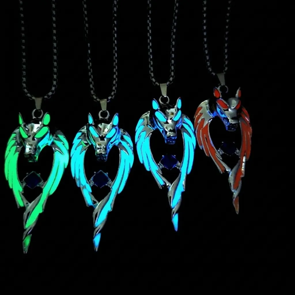 Retro Luminous Wolf Totem Necklace Zinc Alloy Winged Blue Gemstone Pendant Street Hip Hop Style Jewelry For Men