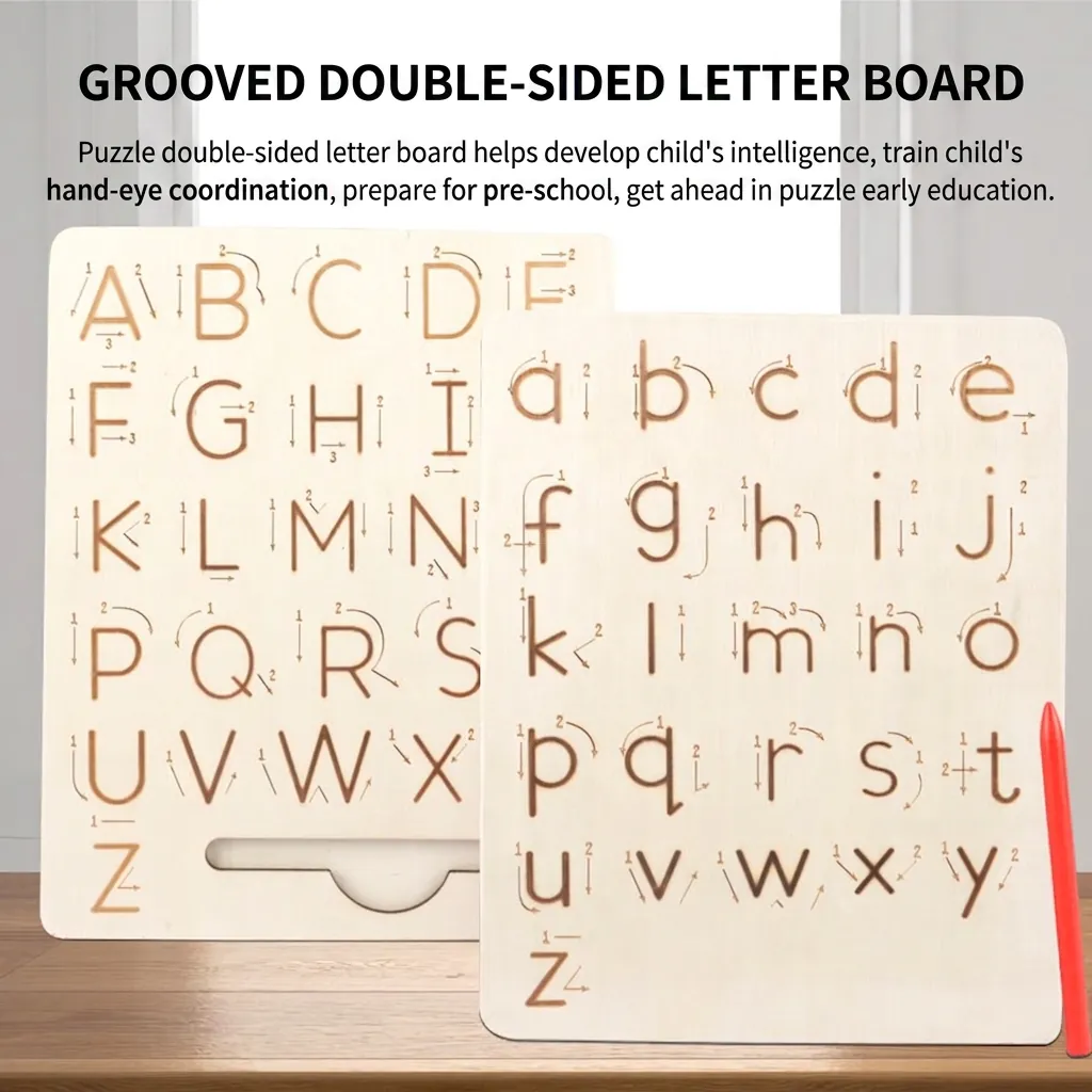 Wood Alphabet Letter Tracing Board Double Sided Grooved Numbers Shapes Handwriting Writing Practice Tool For Preschool Kids