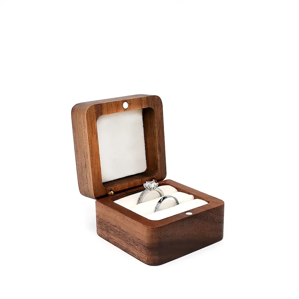 Walnut Wood Ring Box Jewelry Organizer Portable Wedding Engagement Proposal Storage Case Soft Velvet Lining