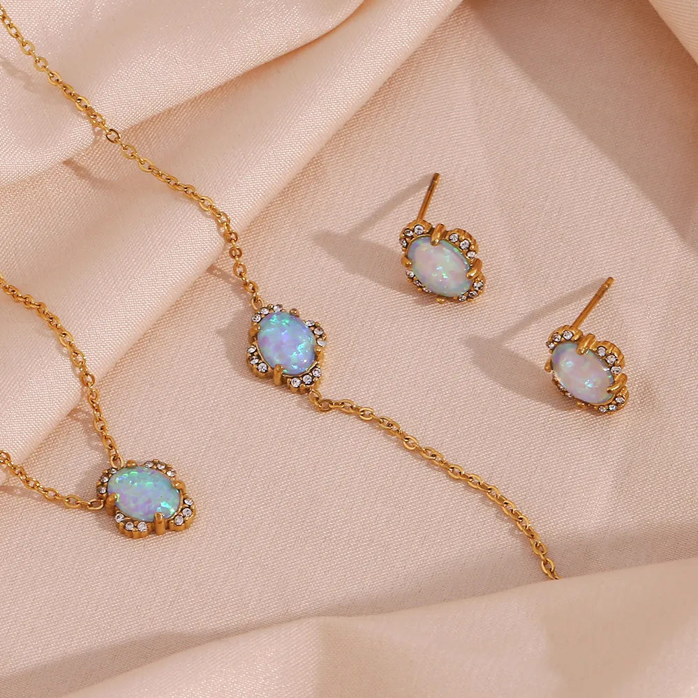 Vintage Stainless Steel Gold Plated Jewelry Set For Women Artificial Opal Rhinestone Petal Pendant Necklace Bracelet Earrings