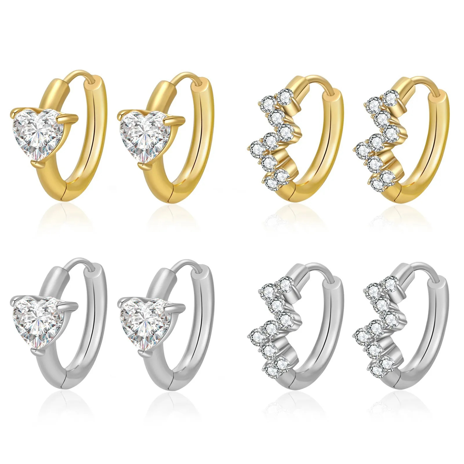 Boucles D'oreilles Créoles Huggie Acier Inoxydable 316L Cœur Zirconia Vague Pavé Bijoux Luxe Femmes