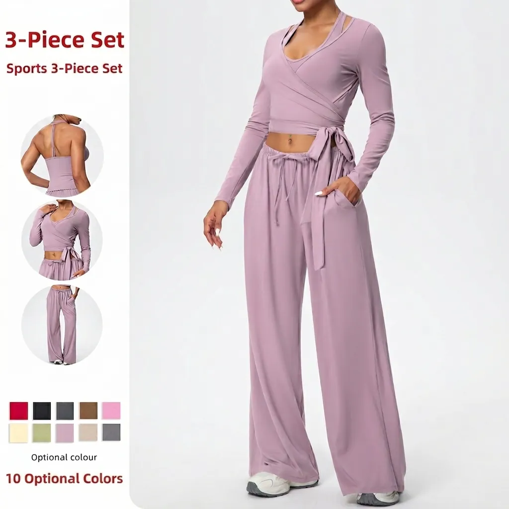 Ensemble de Yoga pour Femmes Avec Top Enveloppant à Manches Longues Soutien Gorge de Sport Et Pantalon Large à Taille Haute Couleur Unie Vêtements Athleisure