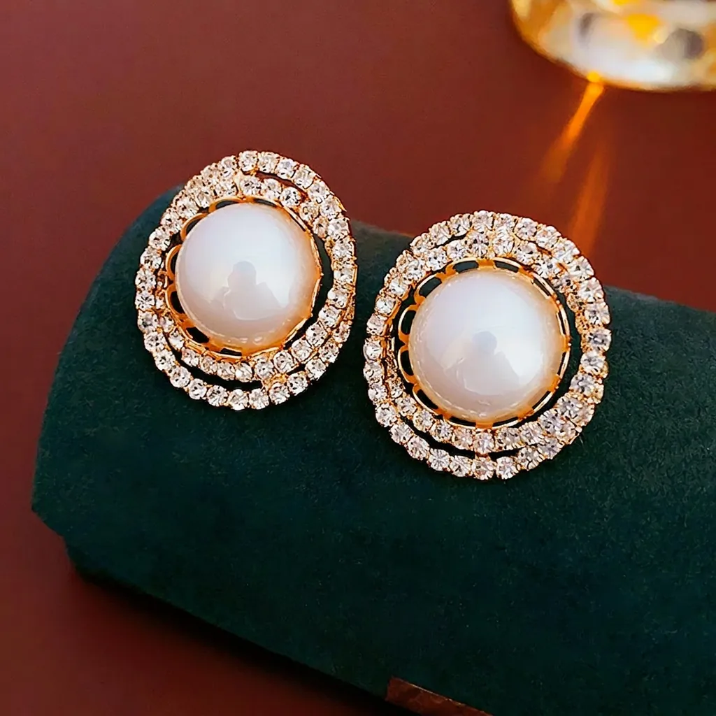 Orecchini A Lobo Con Perla Artificial Rotonda Halo Doppio Strass Lega Silver Earring Post Gioielli Lusso Vintage Eleganti Donna