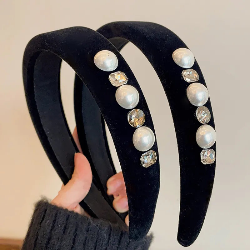 Serre-tête en Velours Noir Vintage Français Avec Künstliche Perles Artificielles Strass Bandeau Large Élégant pour Femme Bijoux