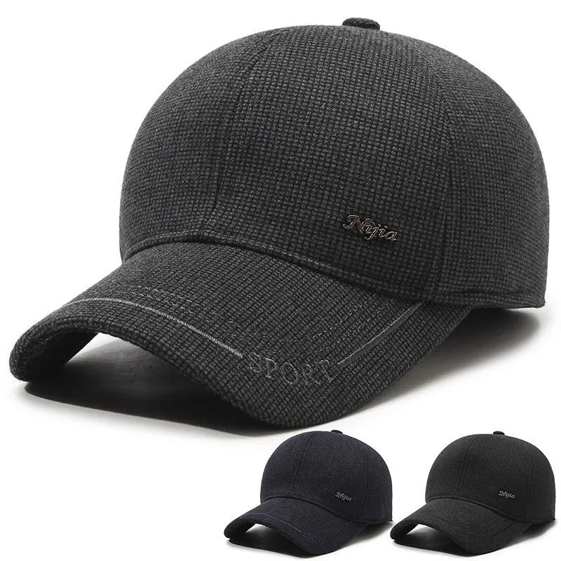 Men Winter Baseball Cap Fleece Lined Thermal Outdoor Ear Protection Hat Thickened Adjustable Cotton Woolen