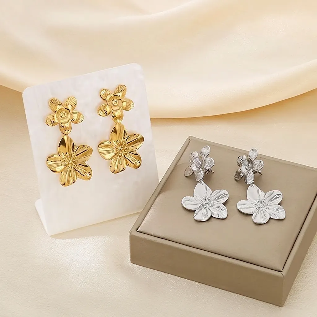 Vintage Übertriebene Doppellagige Fünfblättrige Blumen Ohrhänger Edelstahl Strukturierte Baumeln Schmuck Für Frauen