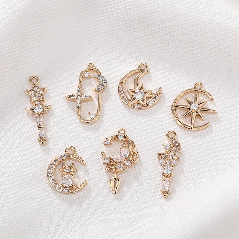 Celestial Charm Pendant Copper Micro Inlaid Zircon Moon Star Heart Shape DIY Jewelry Making Accessory Trendy Gold Plated